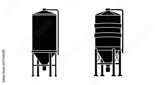 Black and white illustration of two industrial storage silos with conical bases