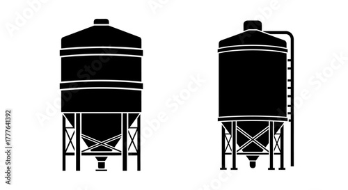 Simple black and white illustration of two industrial storage silos