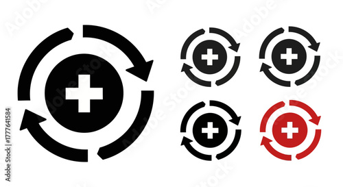 Circular medical icons with cross symbols and rotating arrows displayed