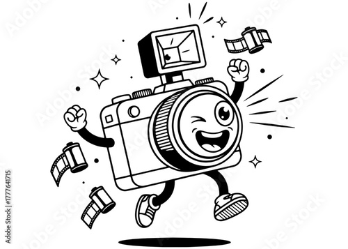 A happy, winking retro camera mascot jumping and cheering. Black and white vintage cartoon vector for a photography logo or coloring book.