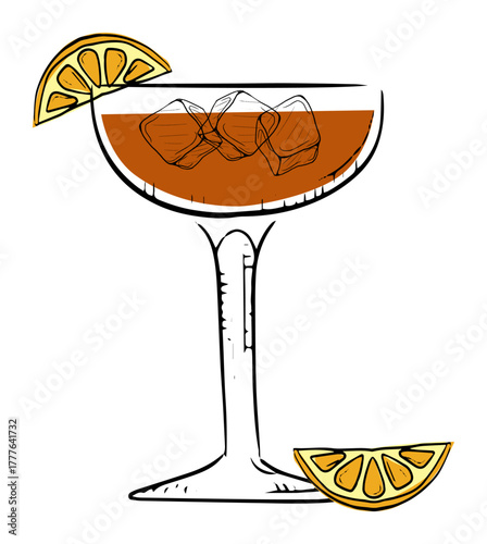 Artistic illustration of a cocktail glass with ice cubes and lemon slice accents, perfect for summer themes.