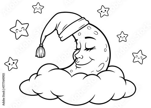 A cute crescent moon mascot wearing a nightcap, sleeping on a cloud. Black and white vector line art for a children's coloring book page.