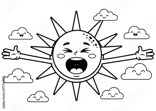 A happy sun mascot waking up or shouting, surrounded by cute clouds. Black and white vector line art for a children's coloring book page.