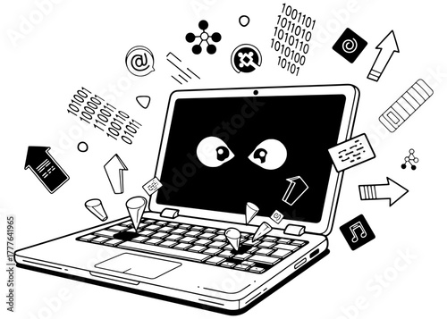 Cybersecurity threat concept. Hacker or virus eyes on a laptop screen with data icons flying out. Black and white vector line art illustration.