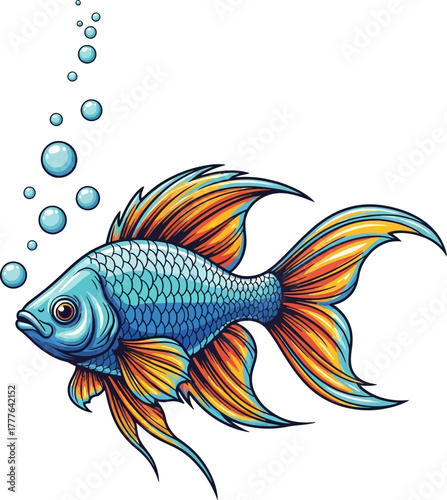 Vibrant Colorful Beta Fish Swimming in Water with Bubbles