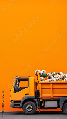 Garbage truck diligently collecting waste in a bustling city - symbol of urban waste management and infrastructure vertical - orange background