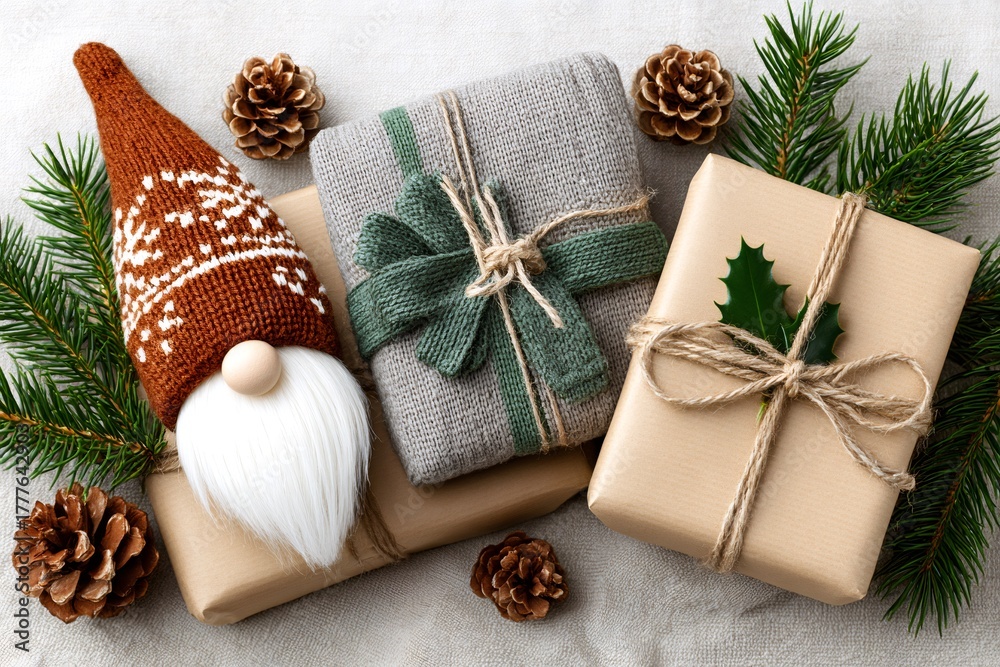 Fototapeta premium Christmas gnome with festive gifts and winter decorations