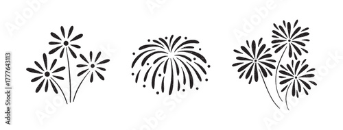 Firework crayon doodle set, hand drawn. Magic holiday firecrackers, twinkle sparkle icons. Pencil sketch of bursting rays. Flash on white, kid style drawings. Vector textured fireworks illustration