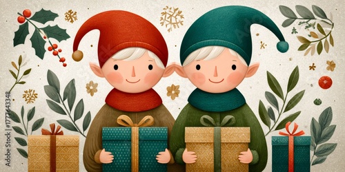 Christmas elves holding festive gifts and presents