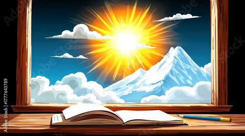Sunrise over majestic mountain landscape open book tranquil nature scene inspirational viewpoint for reflection