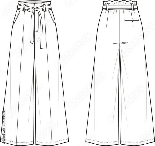 Wide leg pants flat sketch, high waist culotte trousers CAD drawing, fashion technical vector illustration, garment design template for apparel