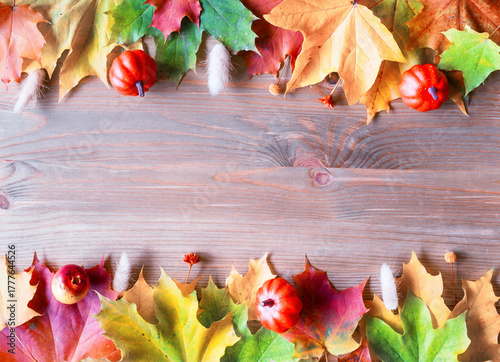 Maple fall leaves on the wooden background with free space for text, bright tones processing, autumn background suitable for Thanksgiving day