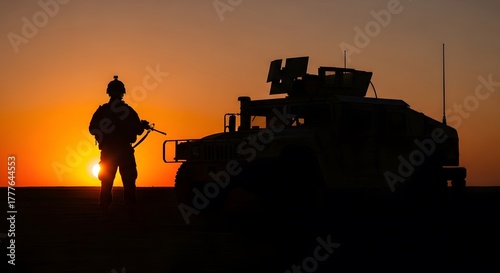 Silhouette photo of a soldier holding a gun. Fleet of cars next to him in a sunset atmosphere with a desert background.