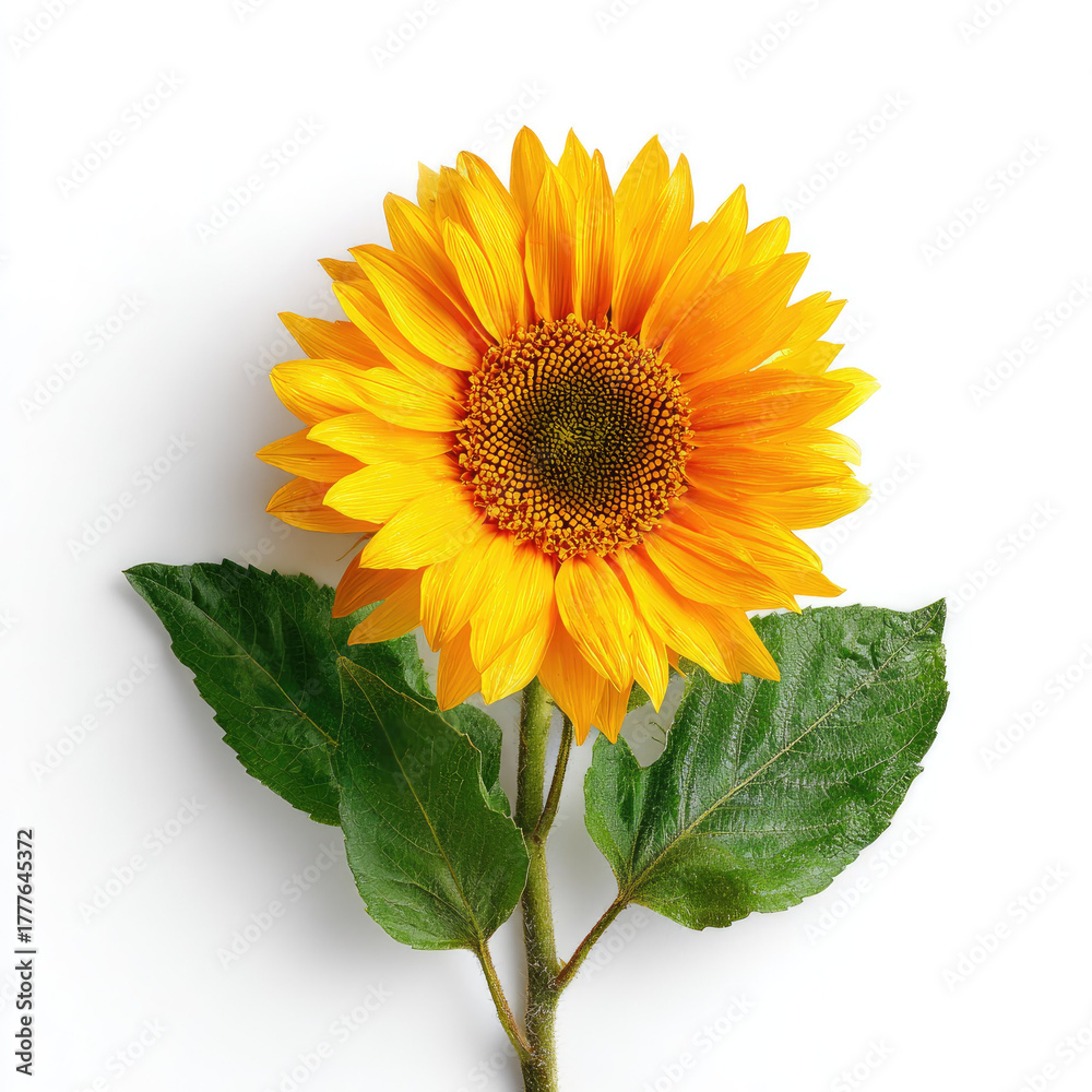Obraz premium Vibrant yellow sunflower with green leaves on white background