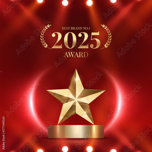 Best company of the year 2025 award with spotlight and curtains background. Best Award gold laurel wreath badge logo design tree star vector illustration isolated on different backgrounds.