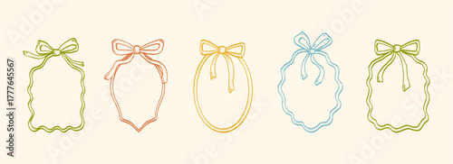 Doodle hand drawn wavy lines bow frames. Minimalist cute decor. Vintage vector whimsical borders for wedding invitations, birthday card, prints.