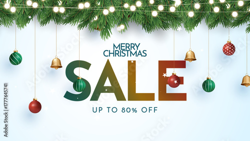 Merry Christmas sale promotion poster banner with product display and festive decoration light background. Christmas Product podium with holiday decoration theme.