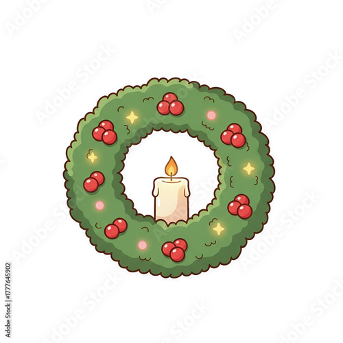 Kawaii Advent wreath illustration with green pine, red berries, and a lit white candle in the center