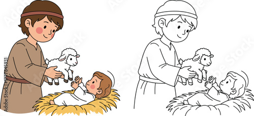 Young Shepherd Presenting a Lamb to Baby Jesus in Manger Gentle Nativity Scene Vector Illustration for Coloring Book