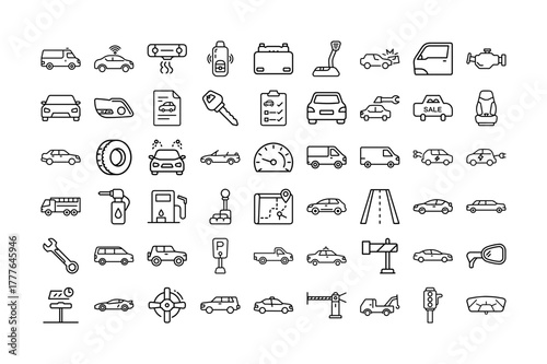 Civil Car Line Icon Set. Featuring Cars, Vehicles, Fuel Pumps, Road Signs, GPS, Traffic Lights, Wrenches, and More. Editable Stroke. Vector Illustration.