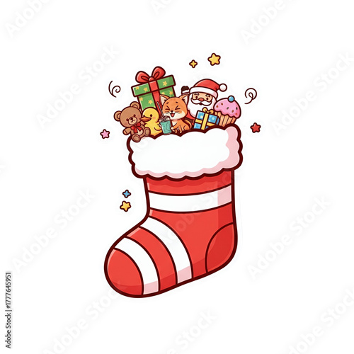 Kawaii Christmas stocking full of gingerbread man, teddy bear, toys, and candy canes.