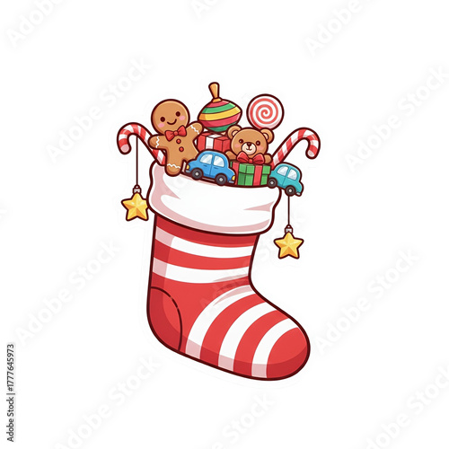Kawaii Christmas stocking full of gingerbread man, teddy bear, toys, and candy canes.