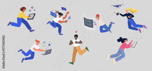 Cartoon characters depicting people with technological devices.