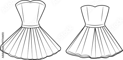Strapless pleated dress flat sketch, sweetheart neckline dress CAD drawing, fashion technical illustration, women’s dress vector template, apparel design