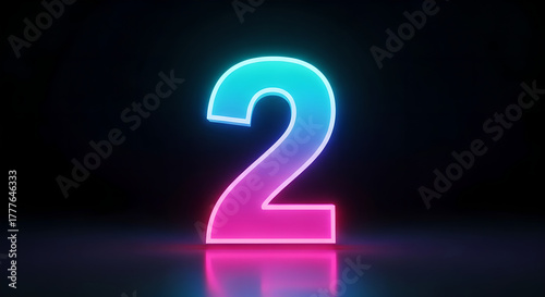 Number Two Neon Light Glowing Digit Blue Pink Gradient Copy Space