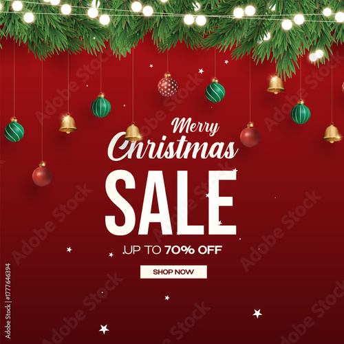 Merry Christmas sale promotion poster banner with product display and festive decoration light background. Christmas Product podium with holiday decoration theme.