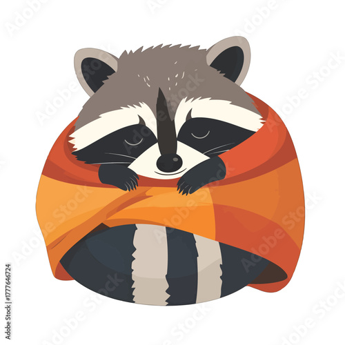 A Cute Round Raccoon Curled Up Cozy in a Warm Orange and Yellow Striped Blanket on a White Background