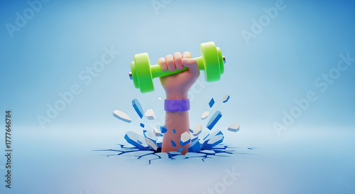 3D Cartoon Hand Holding Green Dumbbell Breakthrough Strength Copy Space