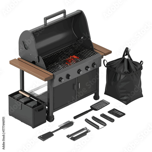 Black Gas Grill With Wooden Shelves And Outdoor Cooking Utensils On White Background