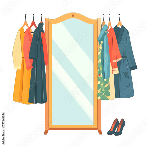 Vector illustration of a tall wooden framed mirror with clothes hanging on racks