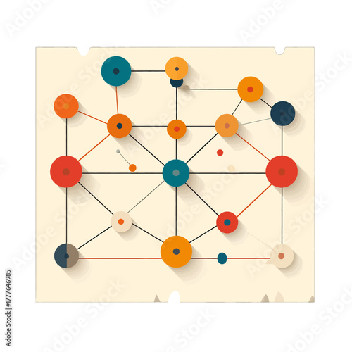 Abstract Network of Colorful Dots Connected by Lines on a Creamy Background with Shadows