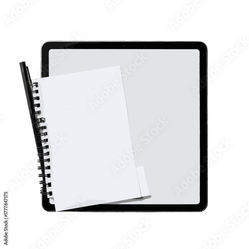 A Tablet Device With A Spiral Notebook And A Pen Placed On A White Surface With Shadows Creating A Minimalist Composition