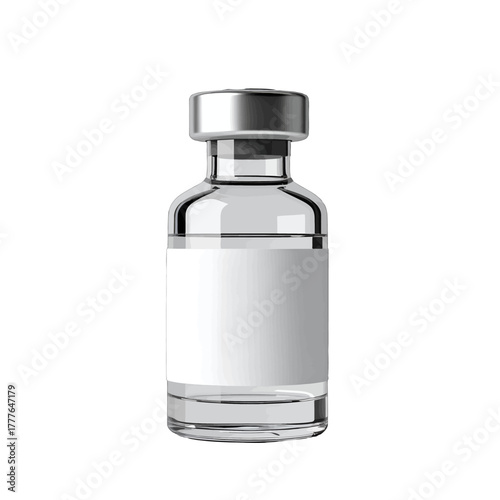 Clear Glass Medical Vial with Silver Cap and Blank White Label on White Background