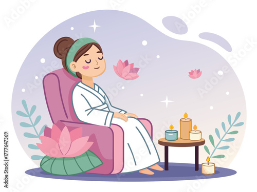 Beauty salon and spa doodle set. Skin care and natural treatment, natural cosmetics concept, time for yourself. Spa with aroma oil, nail file, sleep mask and other care items.	