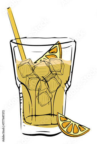 Vibrant illustration of a citrus cocktail with ice cubes, straw, and a lemon slice garnish.