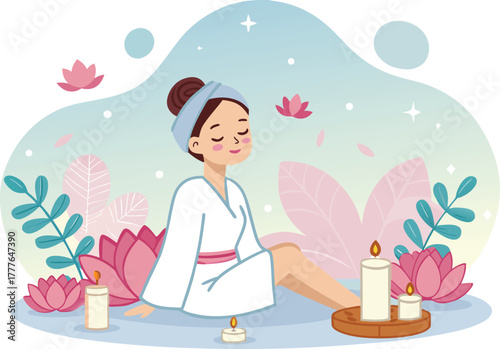 Beauty salon and spa doodle set. Skin care and natural treatment, natural cosmetics concept, time for yourself. Spa with aroma oil, nail file, sleep mask and other care items.	