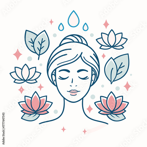 Beauty salon and spa doodle set. Skin care and natural treatment, natural cosmetics concept, time for yourself. Spa with aroma oil, nail file, sleep mask and other care items.	