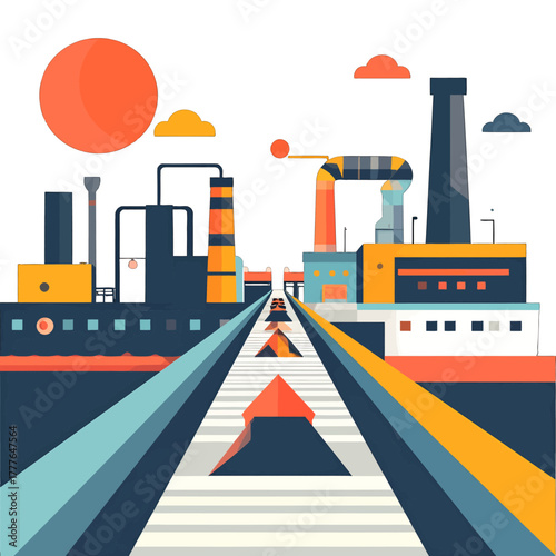 Industrial landscape with stylized factories under a bright orange sun and a linear perspective road leading towards the horizon with clouds scattered in the sky