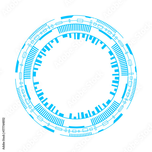 Blue circular frame featuring futuristic, sci-fi elements ideal for digital and graphic design projects.