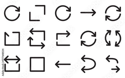  Collection of various black arrow and square icons representing direction and transformation
