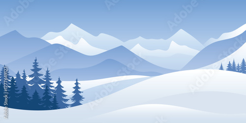 Minimalistic winter landscape, snowy peaks and snowdrifts, cartoon nature, vector illustration