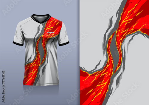 T-shirt mockup abstract texture grunge fire flame sport jersey design for football, soccer, racing, esports, running, red gray white color