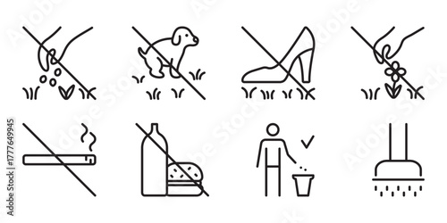 Black line lawn icon set. Classic signs for parks and gardens. Linear vector permissive and prohibitive symbols. Monochrome outline pictogram bundle, editable stroke