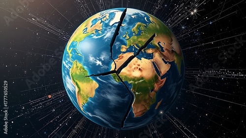 Fractured globe with mismatched seasonal quadrants spinning chaotically amid erratic satellite data.