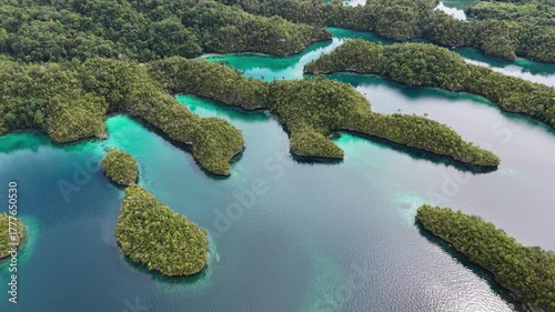 Aerial view of tropical islands and coral reefs surrounded by turquoise water in Raja Ampat, Indonesia.	