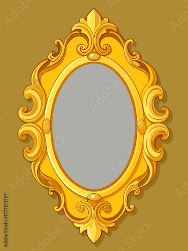 Old mirror in a gold frame image. Cartoon vector illustration